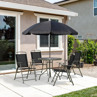 Ensemble de salle à manger 6 pièces pour 4 personnes avec parasol, table d'extérieur et 4 chaises pliantes et table ronde en verre pour le jardin, la cour et la piscine, noir