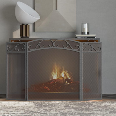 Fireplace Screen 3 Panel With Handles Wrought Iron 51"(L) X31(H) Spark Guard Cover(Pewter)