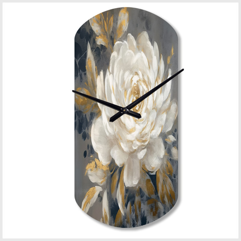 Émotion de pivoine blanche dorée II - horloge murale en métal pivoines, horloge murale blanche, Petit