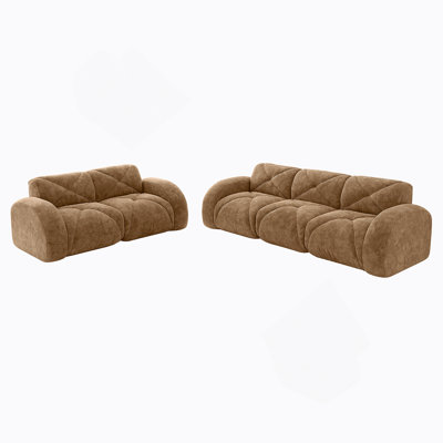 2 Piece Sofa Set Comfy Deep Seating, Soft Velvet Fabric, 32D High Density Foam, No Assembly, Modern Living Room Camel