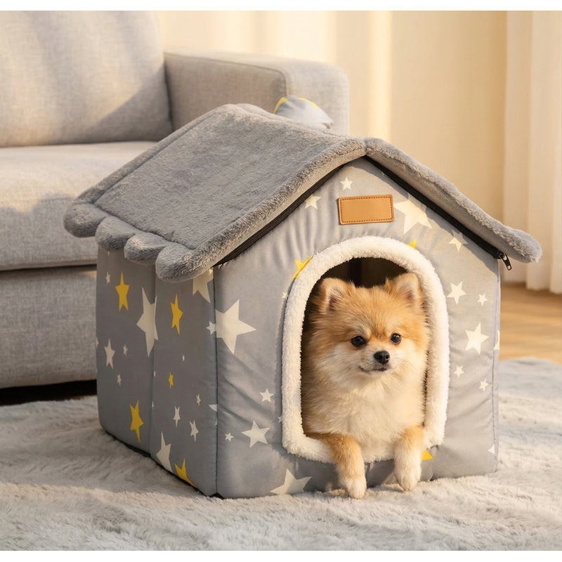 Niche intérieure pliable pour animaux de compagnie, nid de ferme chaud et moelleux avec coussin amovible, cachette de style condo pour petits animaux de compagnie, taille grand, gris