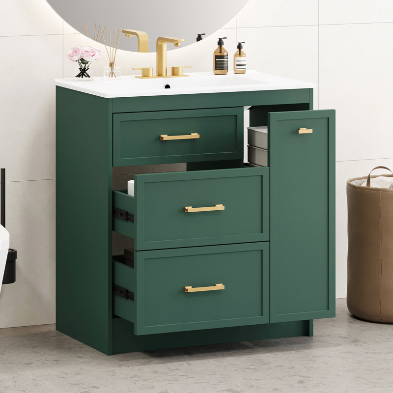 Ensemble de meuble-lavabo de 30 po au sol, avec trois tiroirs, dont un tiroir à double couche, avec de longues poignées dorées