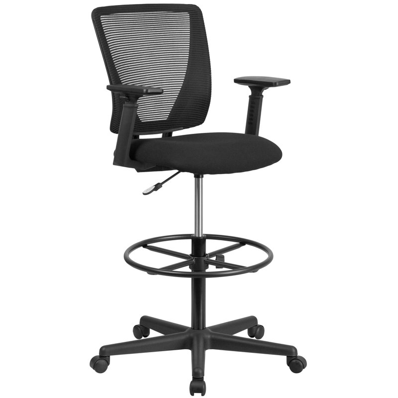 Sinda Mid-Back Mesh Drafting Chair w/ Fabric Seat, Adjustable Foot Ring and Arms, Yes