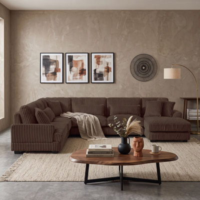 5-Seater U-Shaped Corduroy Sectional Sofa with Chaise Lounge and Curved Arms
