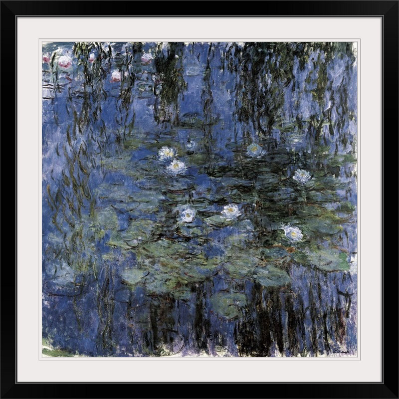 «Blue Waterlilies» par Claude Monet, reproduction d'art, Cadre noir, H 38 po x l 38 po x P 1 po
