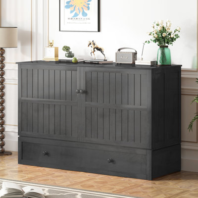 Queen Solid Wood Murphy Bed Chest With Large Storage Drawer & Charging Station, Dark Grey
