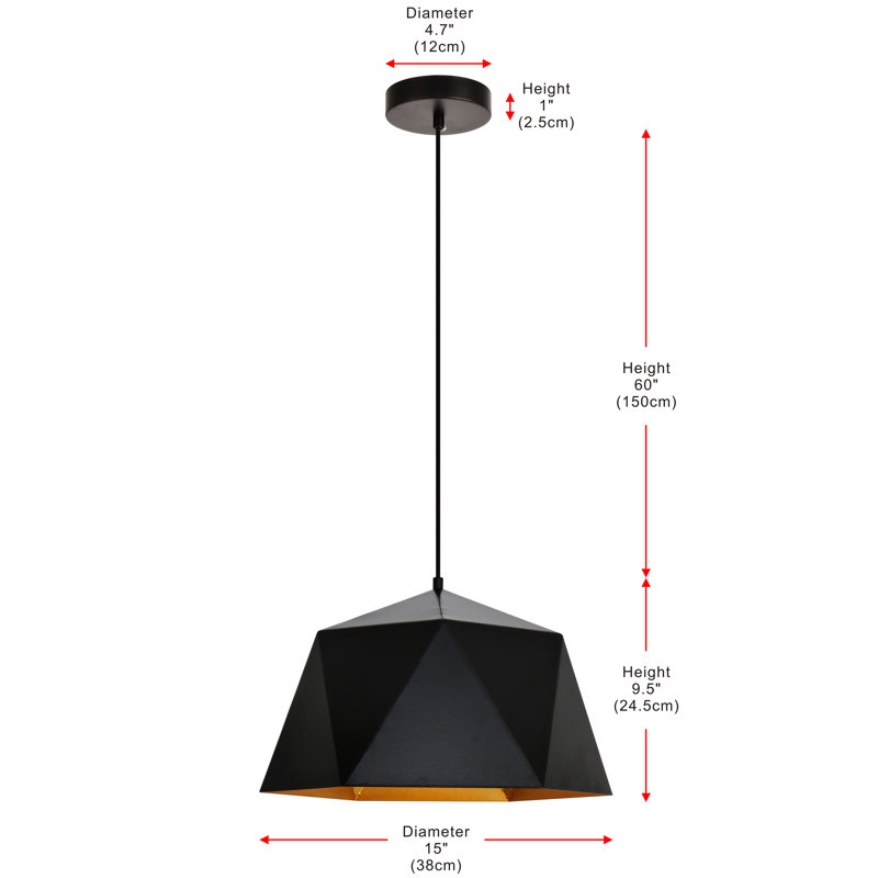 Luminaire suspendu en forme de dôme 1 lumière Neri, H 70 po x l 15 po x P 15 po, Noir / doré