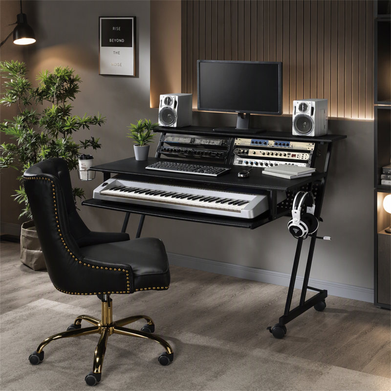 Bureau professionnel pour studio d'enregistrement de musique avec plateau à clavier et tablette de rangement pour les musiciens (seulement le bureau inclus)