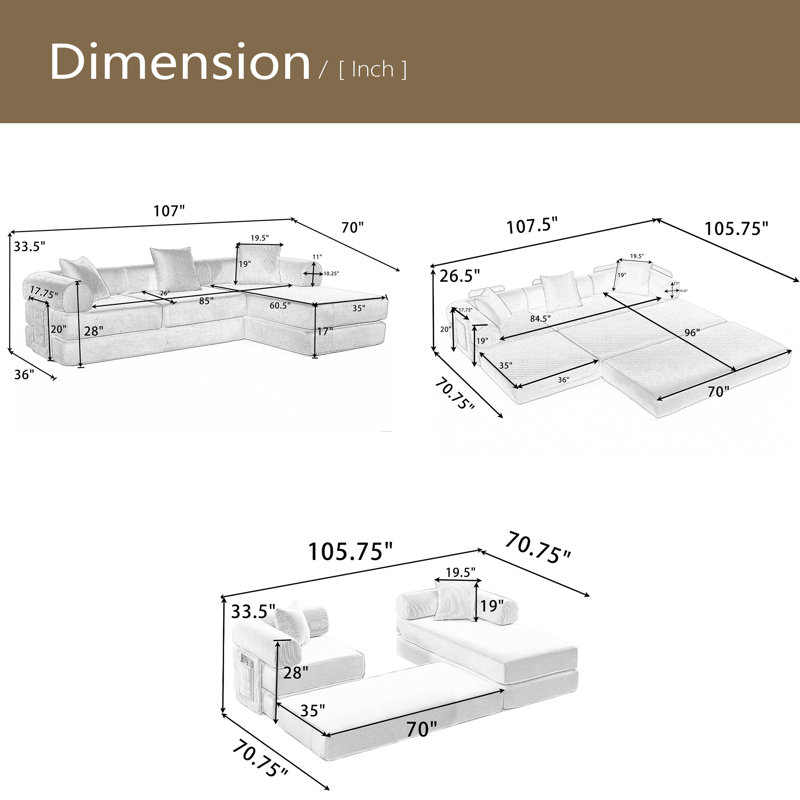 Canapé-lit modulaire en velours côtelé 107 po en forme de L 107 po, rembourré, sans assemblage, bricolage, canapé-lit pliable convertible en L