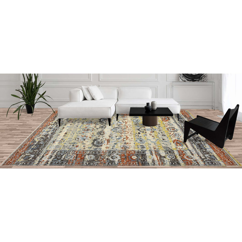 Tapis rectangulaire en laine noué à la main brun / bleu / jaune, Rectangle 8 pi x 10 pi