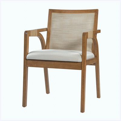 Ensemble de 2 fauteuils de salle à manger en bois d'hévéa noyer Riviera, dossier en textilène, accoudoirs en rotin PE, coussin en tissu beige pour la cuisine et la salle à manger intérieures