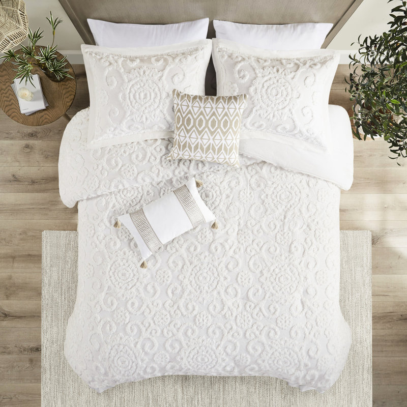 Édredon 100% coton avec superbe broderie en chenille 3D, Édredon très grand + 2 taies décoratives, Ivoire ivoire