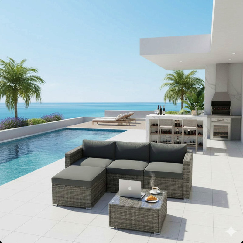 5-Piece All-Weather Wicker Patio Conversation Set With Cushions And Glass Table, Gray