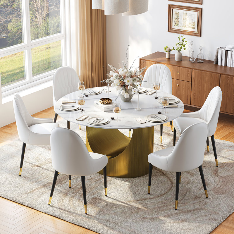 7-Piece Round Dining Set, 59" Rock Plate Table With Brushed Gold Base & 6 Faux Leather Chairs With Diamond-Quilted Back