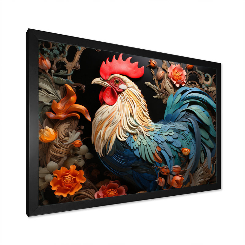 " Blue Rooster With Orange Flowers ", Black Single Picture Framed, 16" H x 32" W x 1" D
