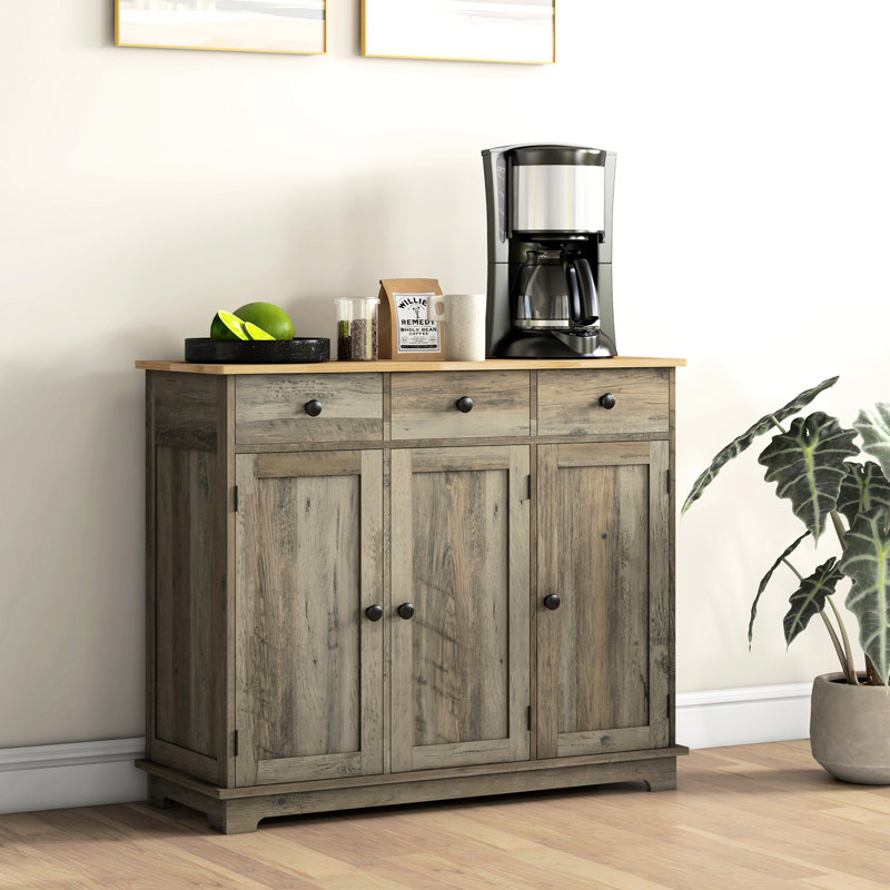 Rangement de comptoir en bois massif - gris, 3 tiroirs, portes, tablette réglable pour répondre à vos besoins quotidiens en matière de cuisine avec assiettes, casseroles, poêles, ustensiles, serviettes de table