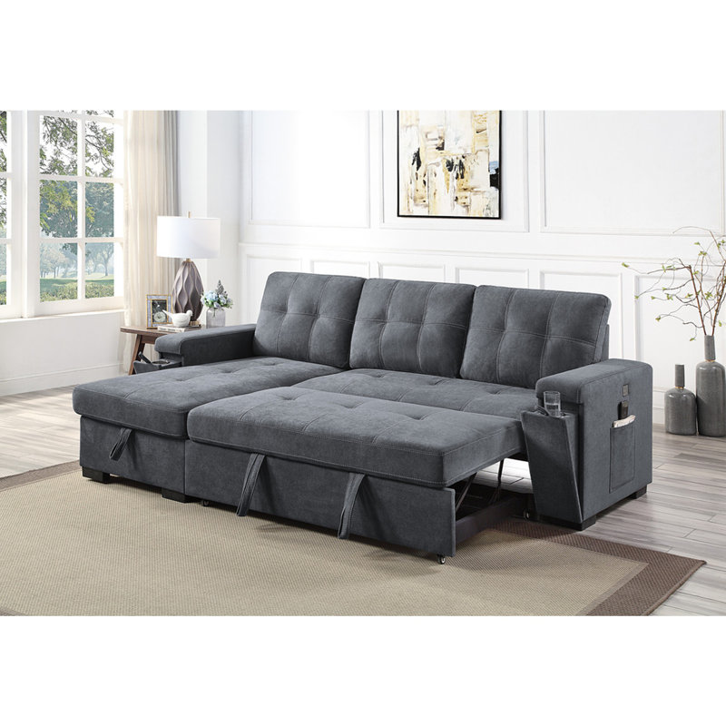 Toby 95" Gray Woven Fabric Reversible Sleeper Sectional Sofa with Storage Chaise Cup Holder Charging Ports and Pockets