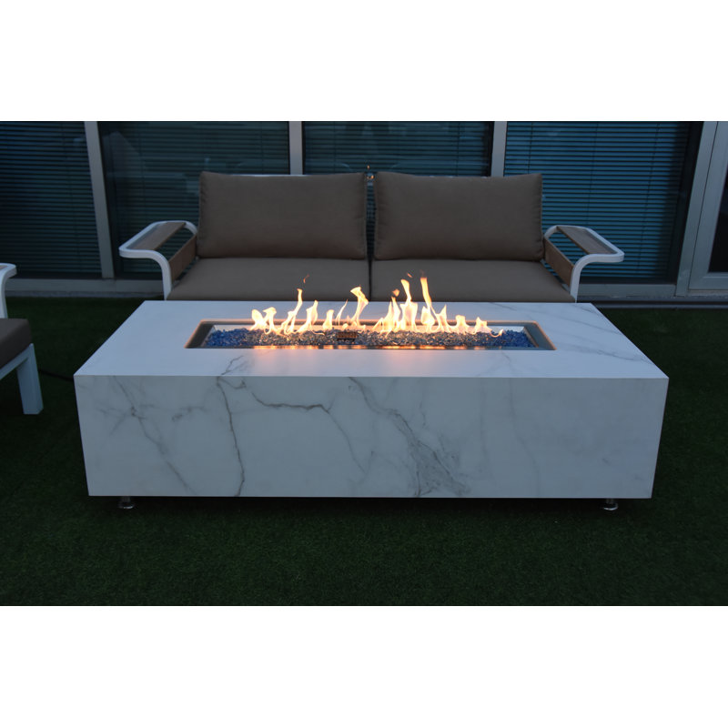 Varna / Carrara 60" Outdoor Marble Porcelain Fire Table 60,000 BTU - Includes Fire Glass, Lid & PVC Cover, Propane