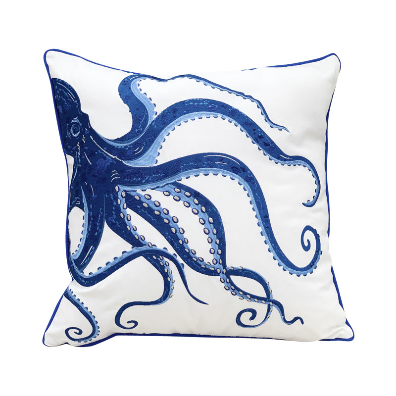 Blue and White Cotton Embroidered Octopus Throw Pillow