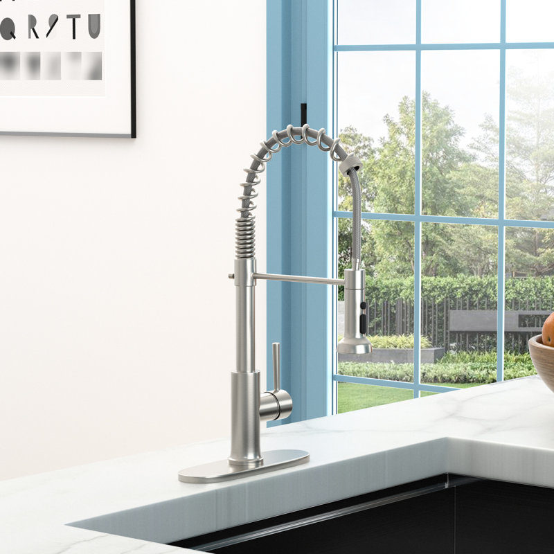 21.06-Inch Brushed Nickel Kitchen Faucet, Stainless Steel With Easy Pull-Down And Single Handle Control Faucet In Nickel, 21-Inch, 360-Degree Swivel Spout Dual