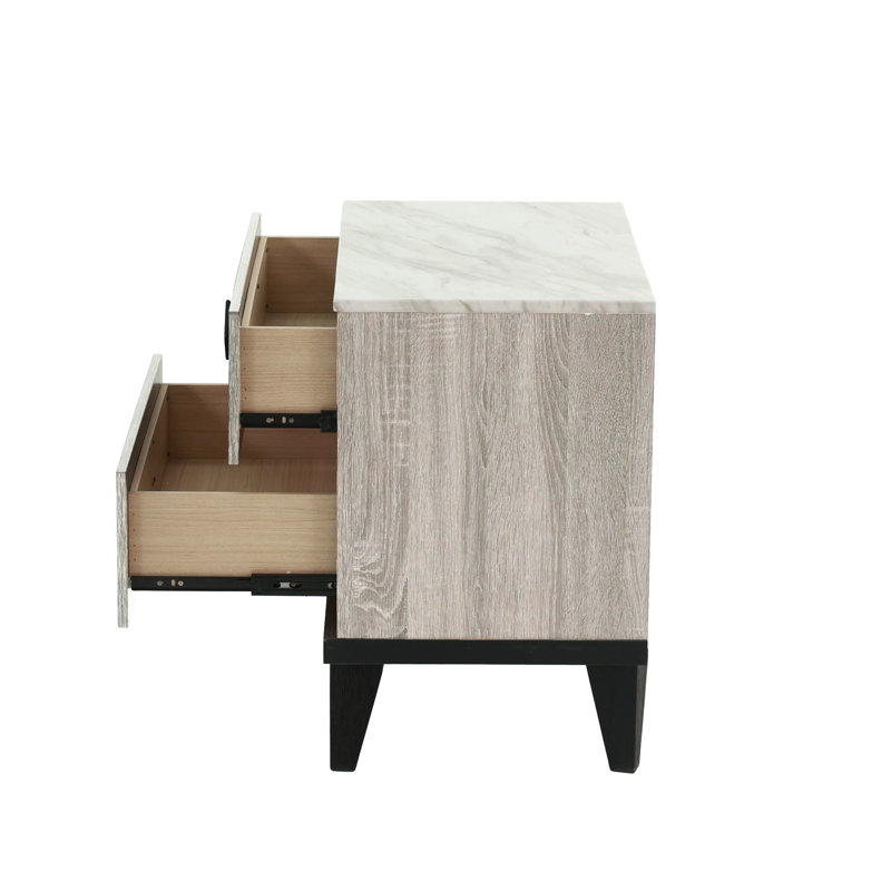 Rustic Brown Oak Nightstand With Faux Marble Top, 23X15x23 Inches Accents In Cream Tabletop, Inch