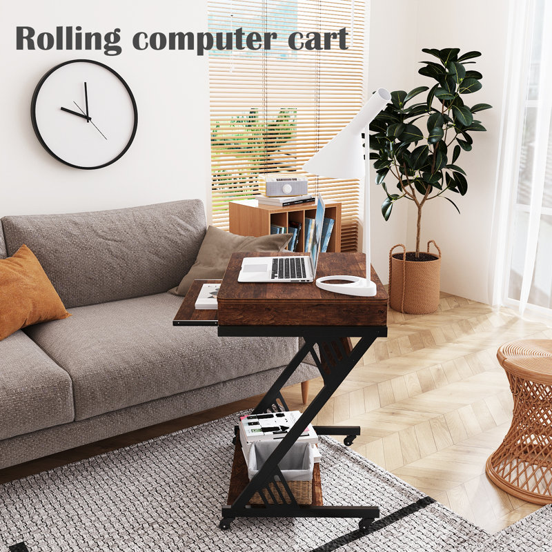 23.6" Z-Shaped Computer Desk with Keyboard Tray and Wheels, Compact Study Table for Small Spaces, Brown/Black