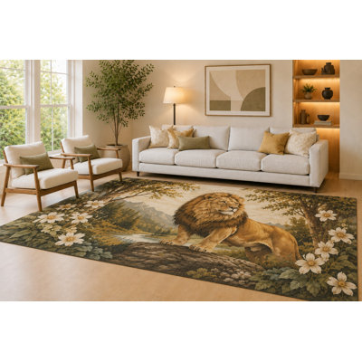 Grand grand tapis lion taupe et crème de 6 pi 7 po x 9 pi 10 po pour le salon, tapis doux à poils courts avec envers en silicone antidérapant, décor pour la salle à manger et le bureau à domicile