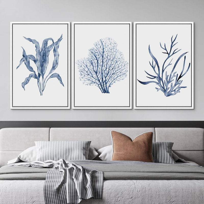 Feuille de plante bleue 3 pièces, H 36 po x l 24 po x P 1,5 po, Blanc