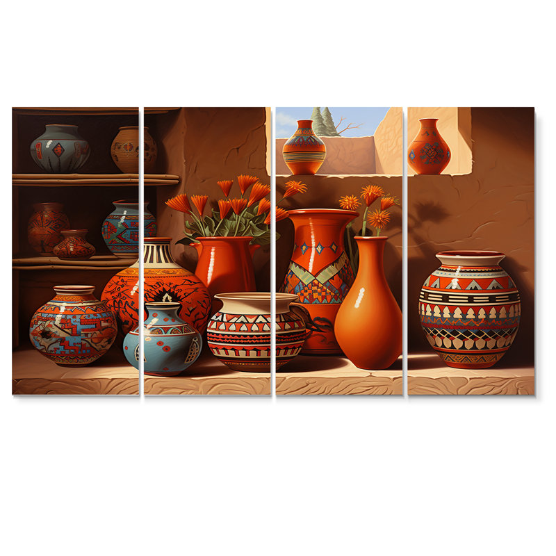 Ensemble de 4 vases mexicains en terre cuite à fleurs orange - fenêtre florale, H 32 po x l 64 po
