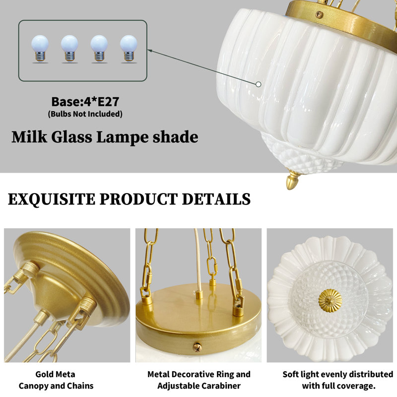 Large Milk Glass Pendant Light, White, Chain-Gold