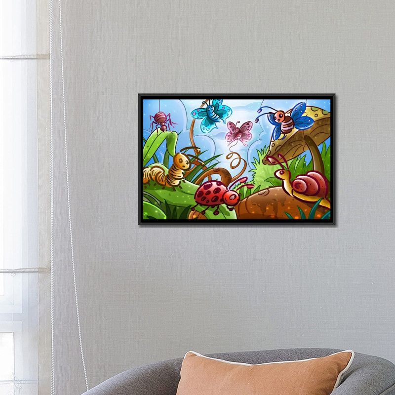 Leonia " Cartoon Bugs ", 18" H x 26" W x 1.5" D, Black Framed Canvas, No Mat