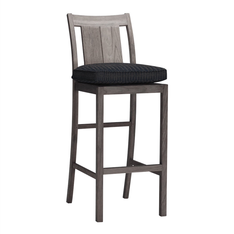 Croquet 24.5" Patio Bar Stool with Cushion, Rollo Chambray InsideOut® Linen, Welt, Oyster Teak