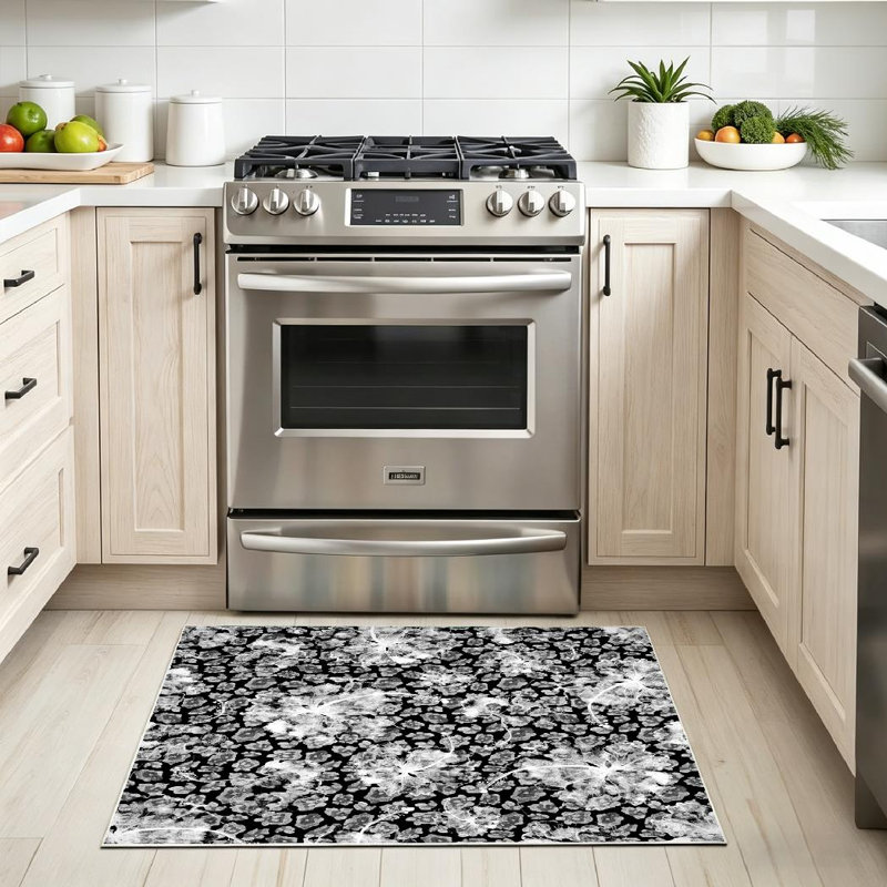 Tapis d'intérieur noir léopard avec fleurs exotiques lavable à la machine, Rectangle 32" x 47"