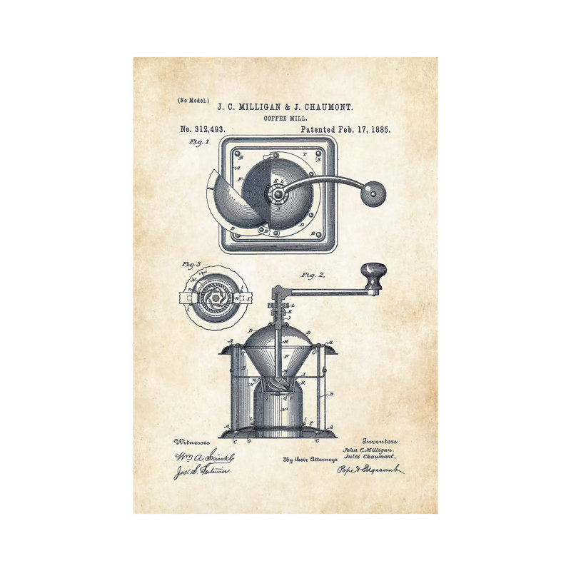 «Coffee Mill» par brevet77 - reproduction de dessin sur toile tendue, H 26 po x l 18 po x 1,5 po