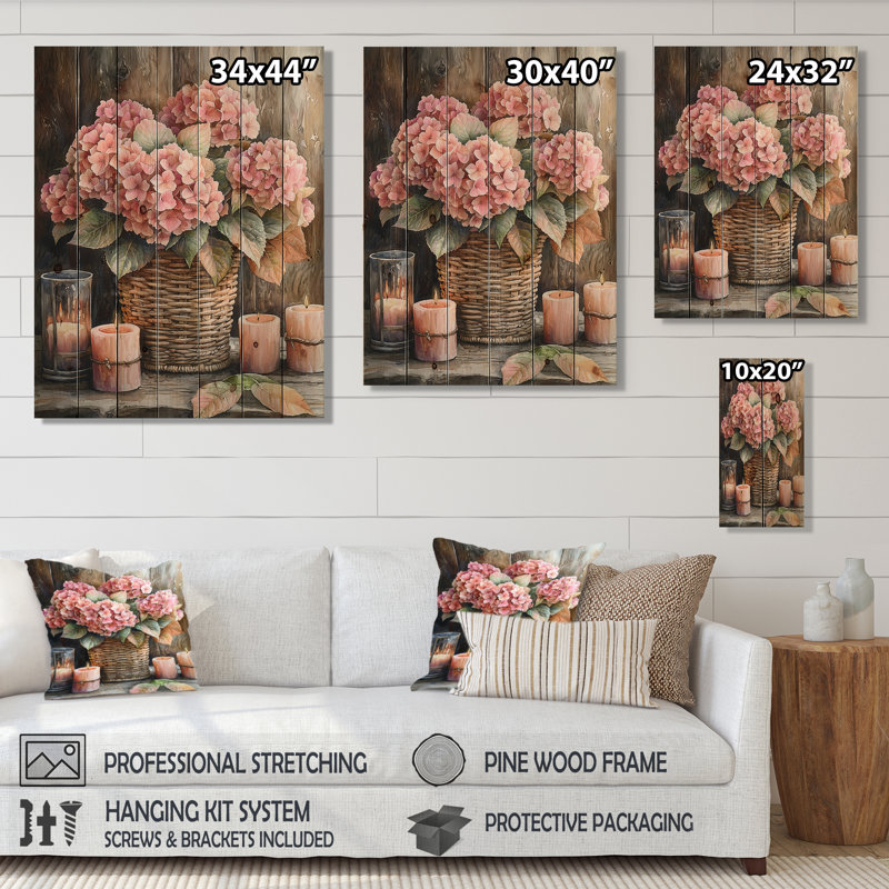 Hortensias dans un panier tissé avec bougie III - décoration murale en bois d'hortensias - sur bois de pin naturel
