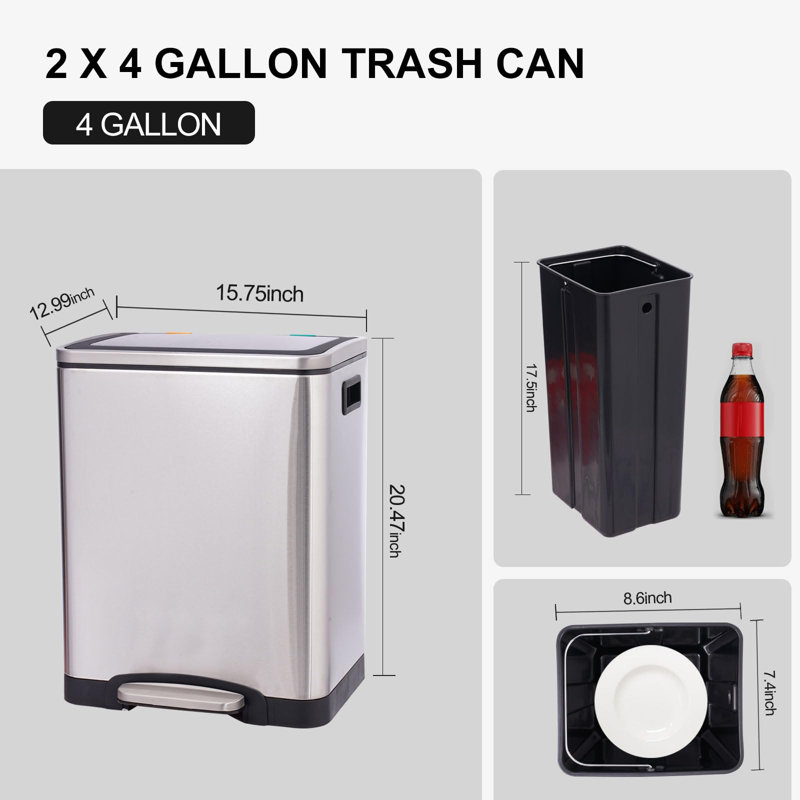 Poubelle de cuisine rectangulaire 2 x 4 gallons, marche douce avec couvercle