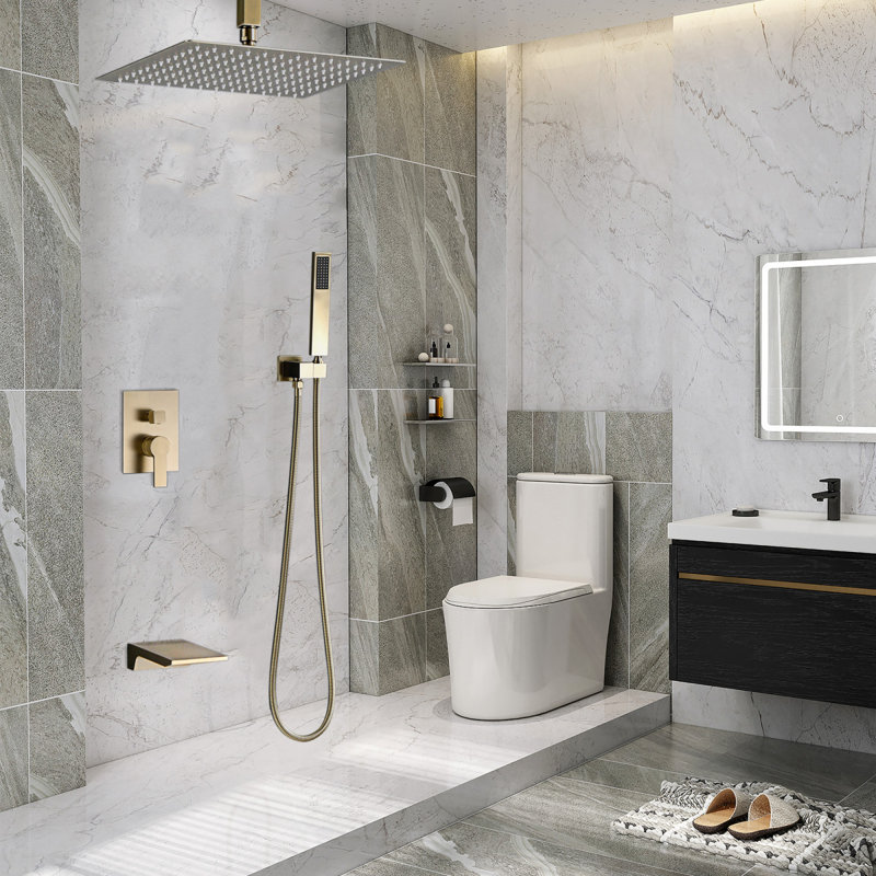 Shower Faucet Set, Shower System Bathroom High Pressure 12 Inches Rainfall Shower Head With Handheld Spray, Wall Mounted Shower Fixtures With Shower Valve And Trim Kit, Brushed Gold