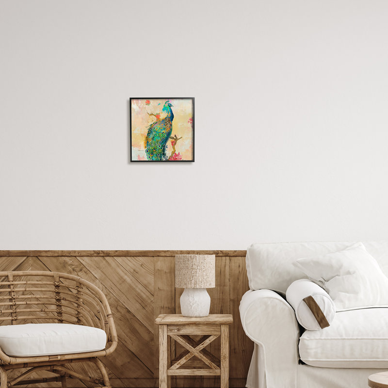 «Modern Peacock Cherry Blossoms» par Evelia Designs - cadre flottant, impression sur bois, Giclée encadrée noir minuit