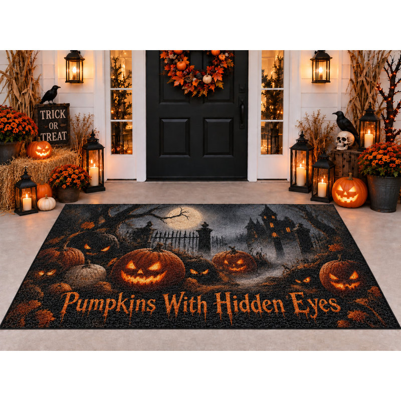 Tapis d'extérieur Halloween 152 x 213 cm, motif citrouilles aux yeux cachés, imperméable, en PVC bouclé, résistant et à séchage rapide, idéal pour porche, terrasse, balcon ou entrée.