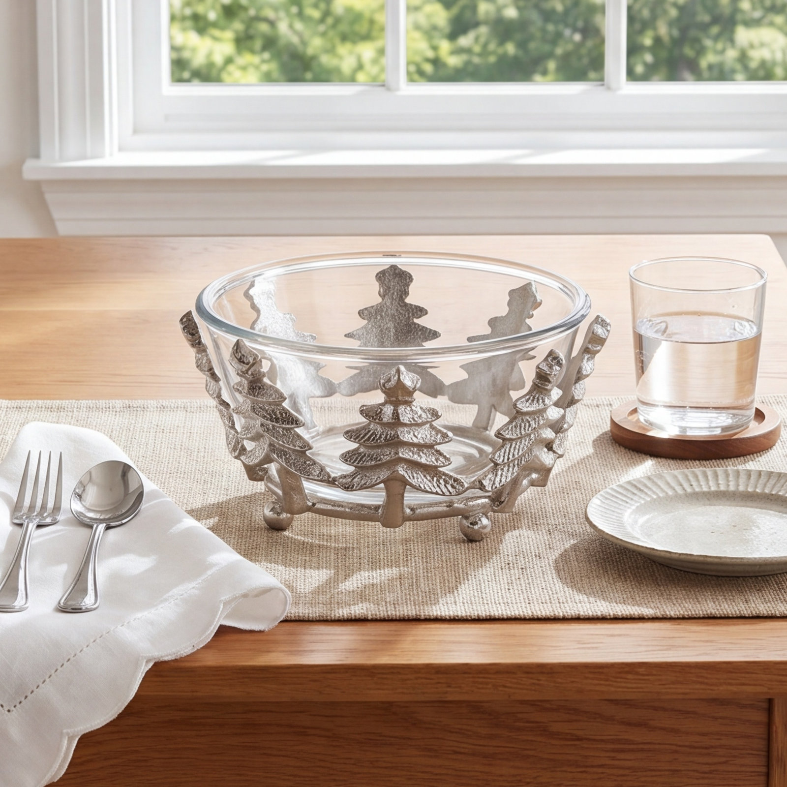 Aayza Glass and Metal Serving Bowl, Clear/Silver