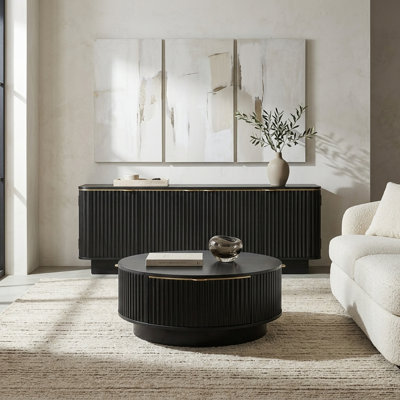 Ensemble de meuble télé et de table basse de salon 2 pièces, pour téléviseur de 70 po ou moins, console média cannelée et table de rangement ronde de style campagne moderne