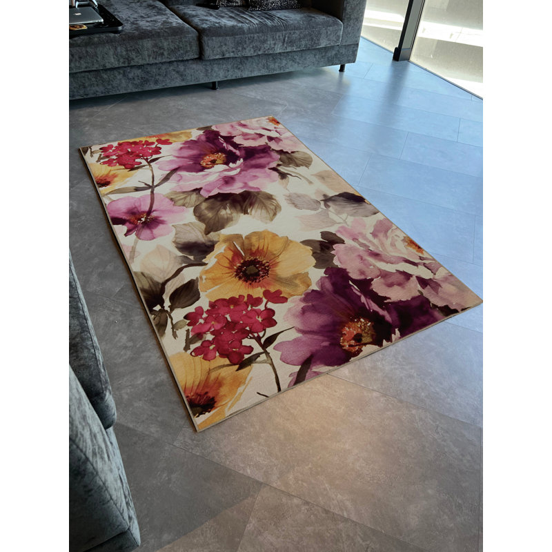 Tapis décoratif moderne mauve et jaune à motif de roses, Rectangle 4 pi 11 po x 9 pi 10 po