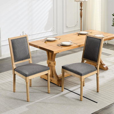 Of 2, Gray, French, Dining Chairs, Square Back, Solid Rubberwood Frame, , Comfortable Linen Fabric, Foam Filler Upholstery, Soft
