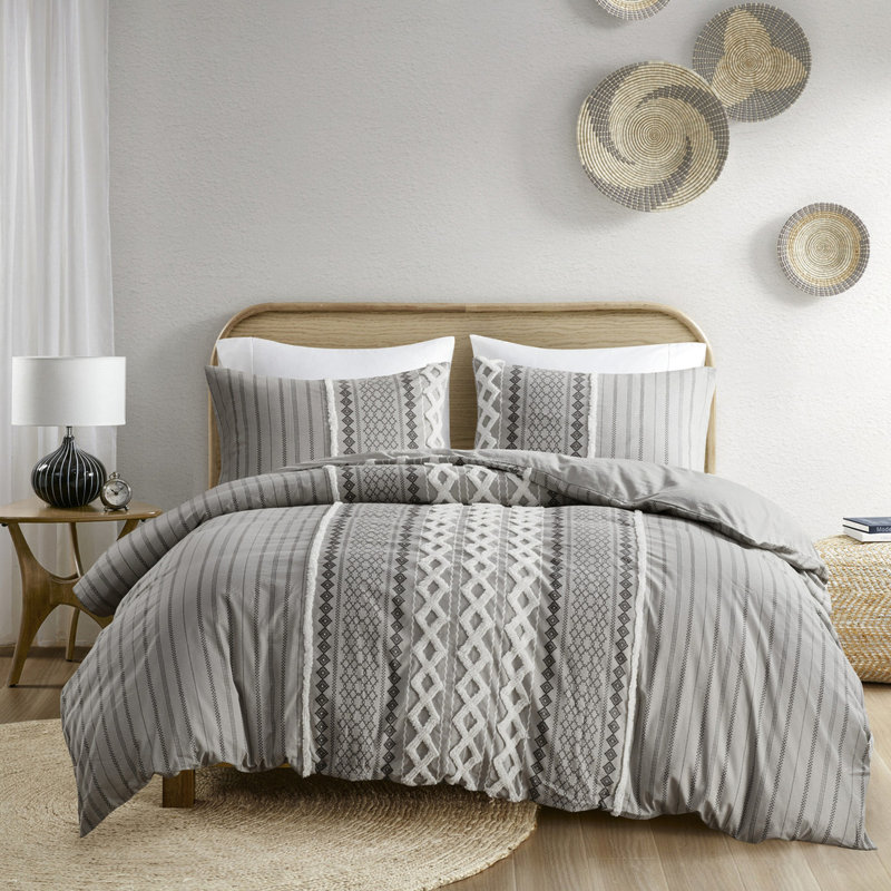 Housse de couette en coton et taies décoratives avec chenille - motifs géométriques imprimés