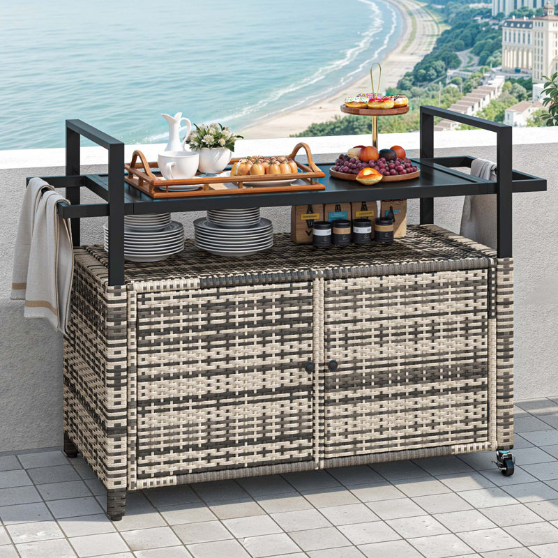 XL Patio Storage Cabinet Outdoor Cabinet Wicker Bar Set Outdoor Bar Cart, Gray