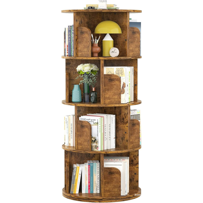 Gray Oak 4-Tier Rotating Corner Bookshelf with Cubes