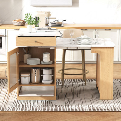 59.5"Kitchen Island With Extendable Dining Table, Kitchen Storage Table With Double-Sided Storage, Kitchen Island With 2 Drawers, Power Outlet, Side Open Shelves, For Kitchen, Dining Room