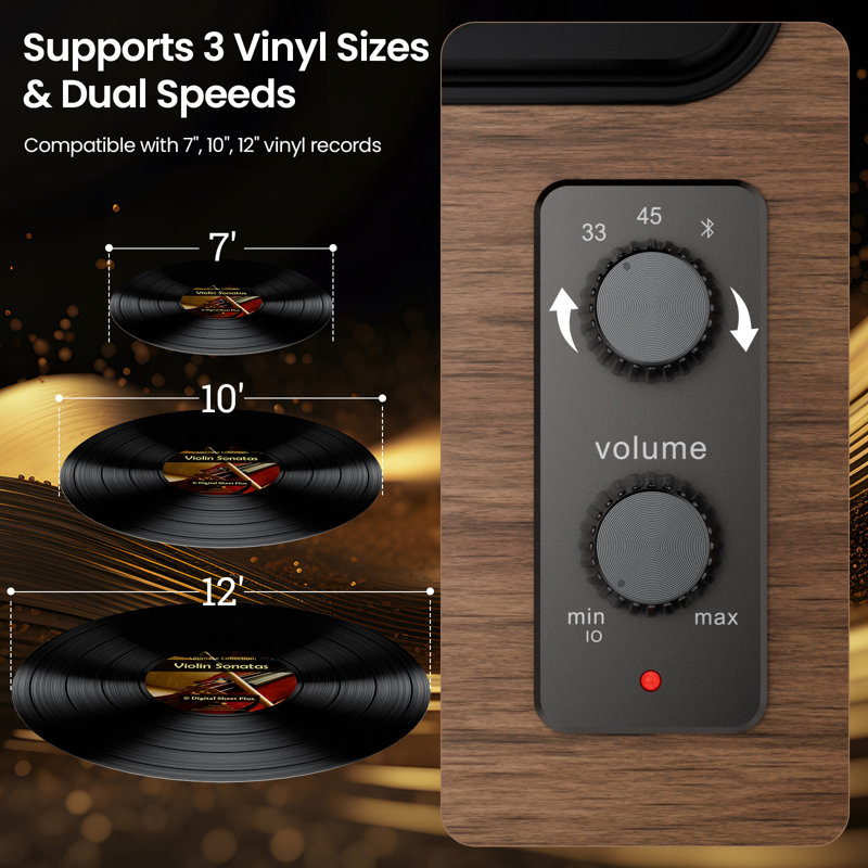 All in One Vinyl Record Player with 4 Treble/Bass Stereo Speakers,Bluetooth HiFi Turntables for Vinyl Records with Magnetic Cartridge AT-3600L,Phono Preamp,33/45RPM,2-Speed,AUX in/RCA Out