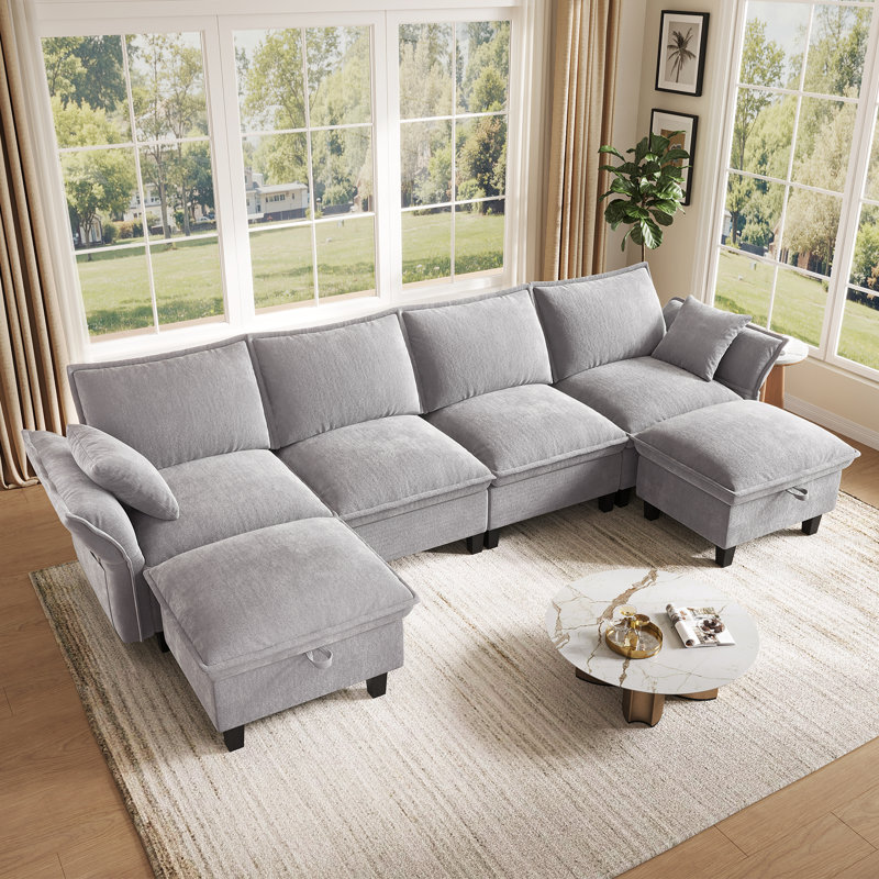 Canapé modulaire surdimensionné de 143 po avec repose-pieds, coussins en duvet et sièges profonds avec housses de coussin lavables amovibles, assemblage facile sans outils, accoudoirs en pétales pour le salon, tissu chenille