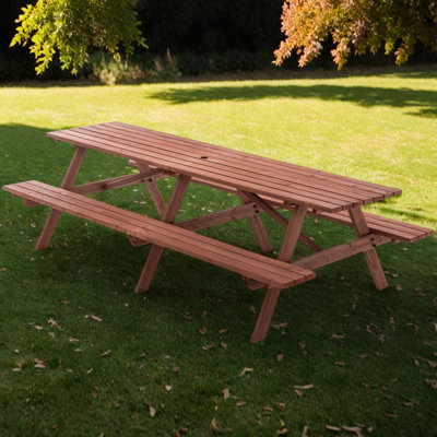 95-Inch Outdoor Picnic Table Set with Benches, 12-Person Patio Table, Garden Furniture with Umbrella Hole by One Allium Way